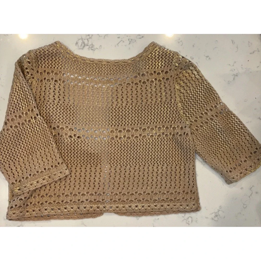 Cache Gold Metallic Short Sleeve Cardigan Size Large 100% Cotton Crochet EUC - Picture 5 of 7